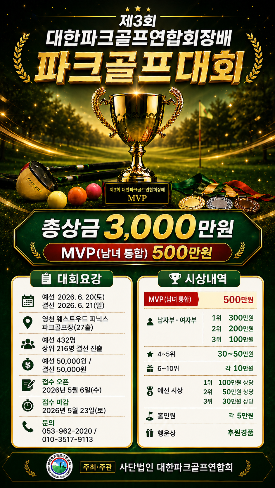 제3회 대한파크골프연합회장배 파크골프대회 공식 포스터 — 대회 요강과 시상 내역 한눈에 보기